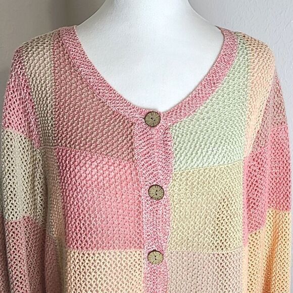 CJ Banks  Pastel Open-Knit Buttondown Sweater, Shades of Pink, Peach,Size X, 14W - Picture 3 of 9